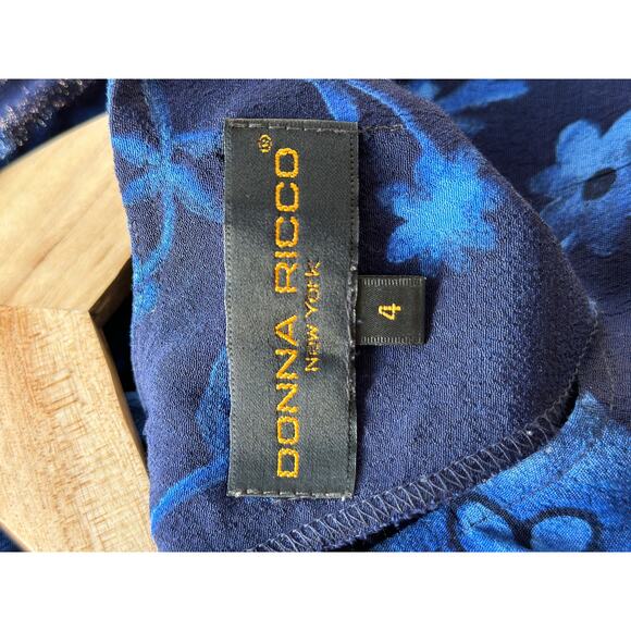 Vintage 90s DONNA RICCO Size 4 Navy Blue Floral Short Sleeve Back Zip Midi Dress - Picture 8 of 9